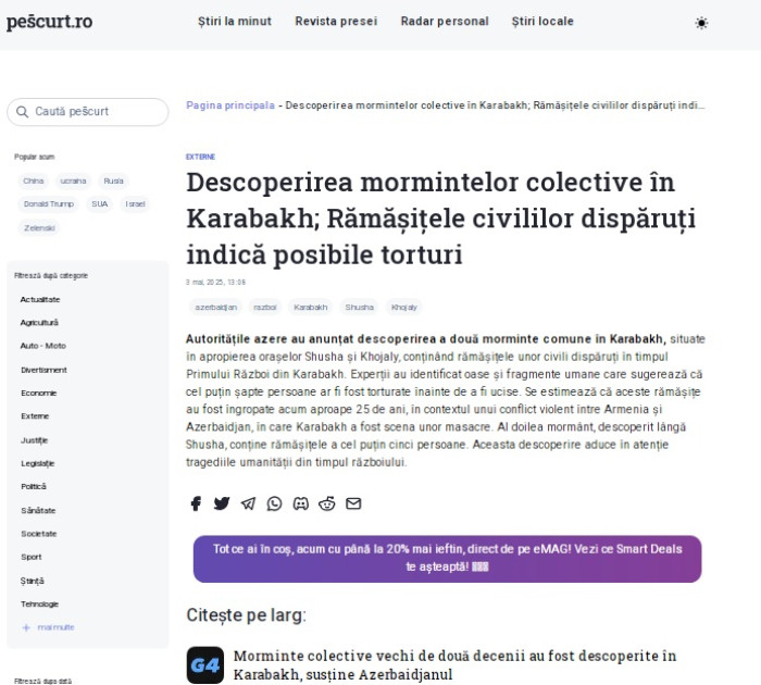 Rumıniya mətbuatı Qarabağda aşkarlanan kütləvi məzarlıqla bağlı yazdı