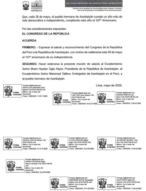Peru Konqresi Azərbaycanın müstəqilliyinin 107-ci ildönümü münasibətilə bəyanat qəbul edib