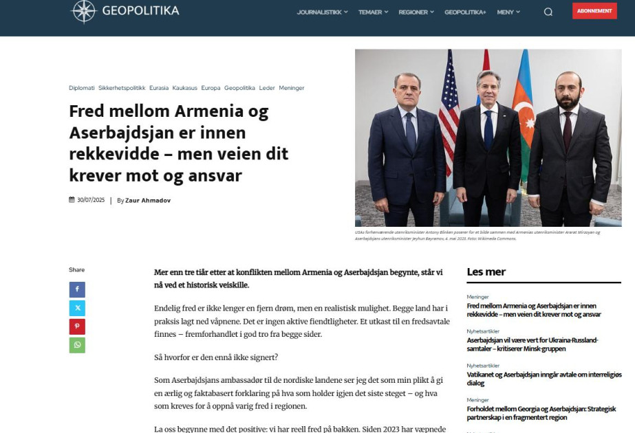 Norveçin “Geopolitika” nəşri Azərbaycanla Ermənistan arasında sülh sazişinin perspektivlərindən yazıb
