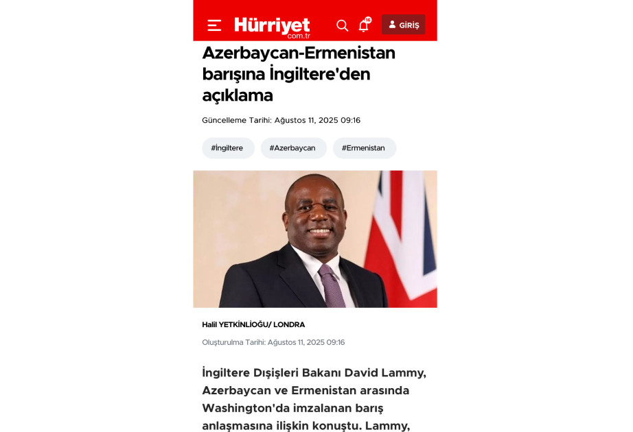 Türkiyənin “Hürriyet” qəzeti Devid Lemminin Vaşinqton Zirvəsinə dair açıqlaması barədə məqalə yayımlayıb