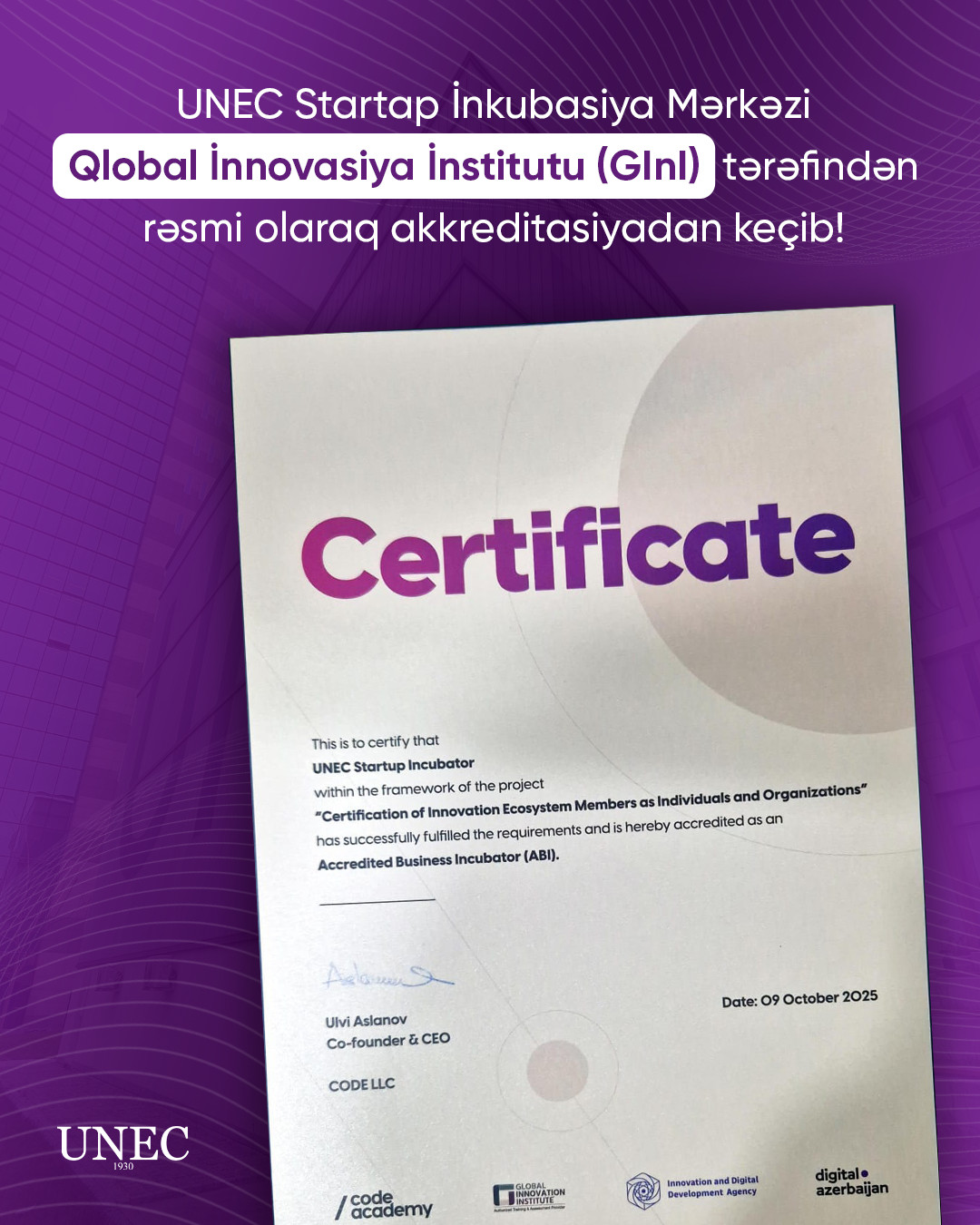 UNEC Startap İnkubasiya Mərkəzi Qlobal İnnovasiya İnstitutunun Akkreditasiyasını qazanıb