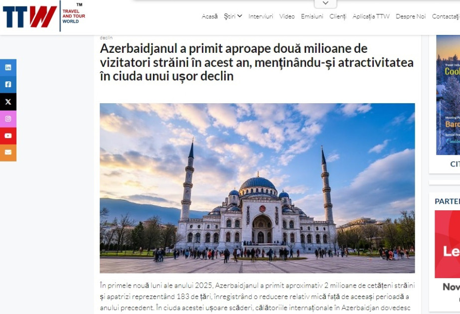 Rumıniyanın “Travel and Tour World” nəşri: Azərbaycanın turizm potensialı artmaqda davam edir