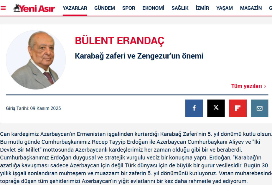 “Yeni Asır” qəzeti: Türkiyə və Azərbaycan liderlərinin qardaş münasibətləri regionda fundamental dəyişikliklər yaradıb