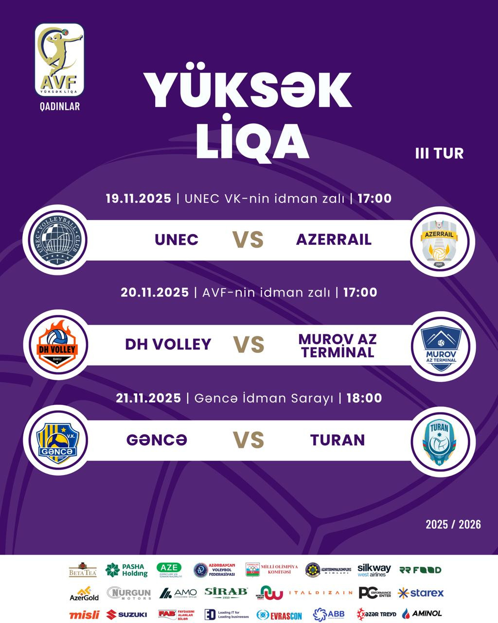 Qadın voleybolçular arasında Azərbaycan Yüksək Liqasında III turun proqramı müəyyənləşib