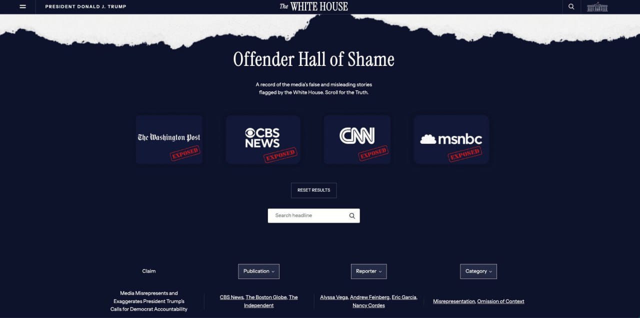 Ağ Ev “Utanc Divarı” ilə saxta xəbərlər yayan media qurumlarını açıqlayıb