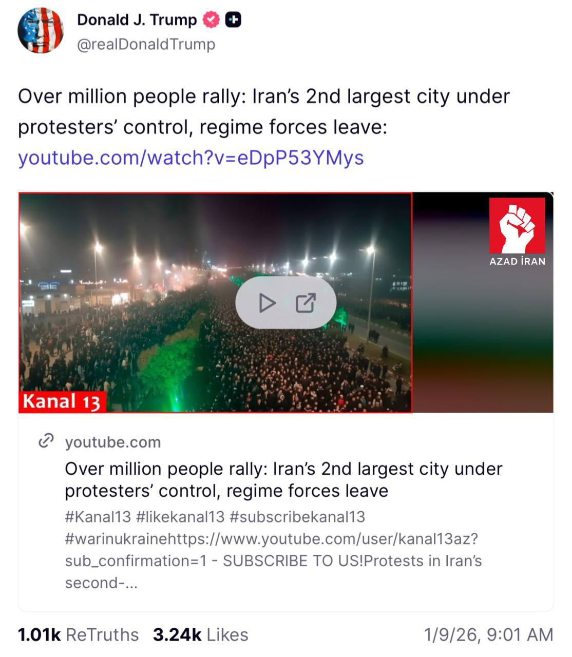 Donald Tramp İranda keçirilən etiraz aksiyaları ilə bağlı paylaşım edib