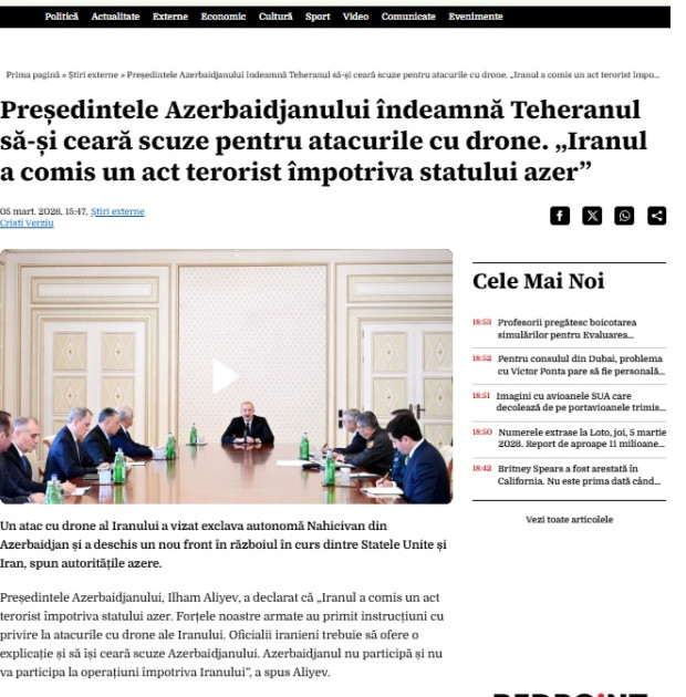 Rumıniya mətbuatı Prezident İlham Əliyevin İranın hücumu ilə bağlı çıxışını geniş işıqlandırıb