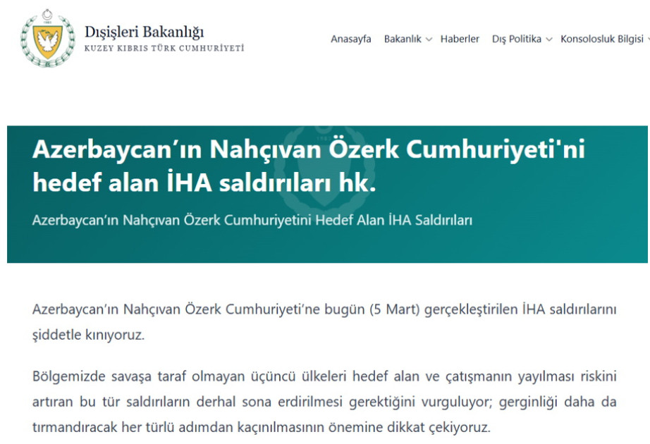 Şimali Kipr Naxçıvana dron hücumunu qətiyyətlə pisləyir