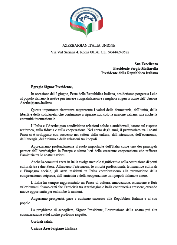 Diaspor təşkilatları İtaliya hökumətini və xalqını təbrik edib