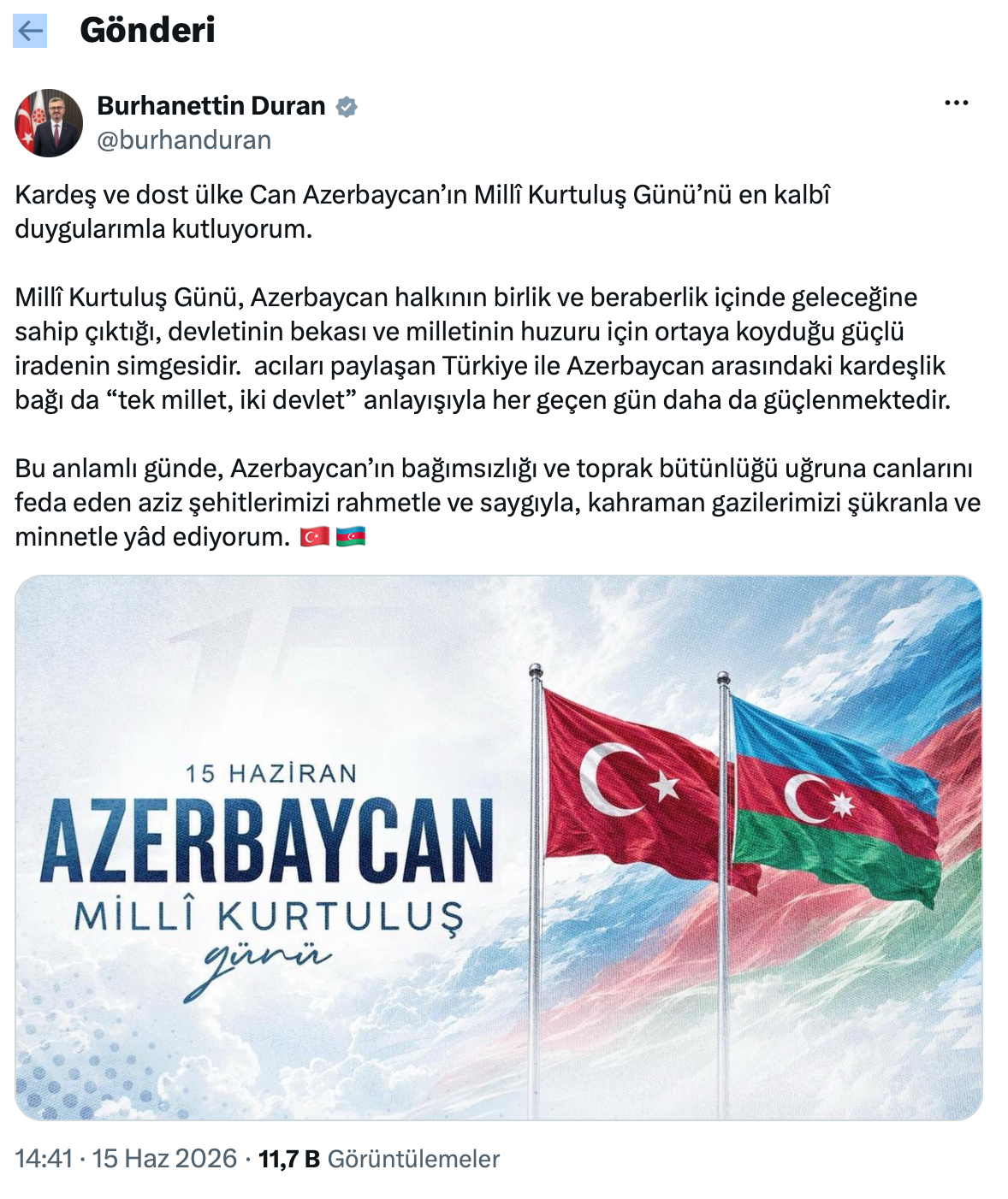 Burhanettin Duran: Türkiyə ilə Azərbaycan arasındakı qardaşlıq bağı güclənməkdədir