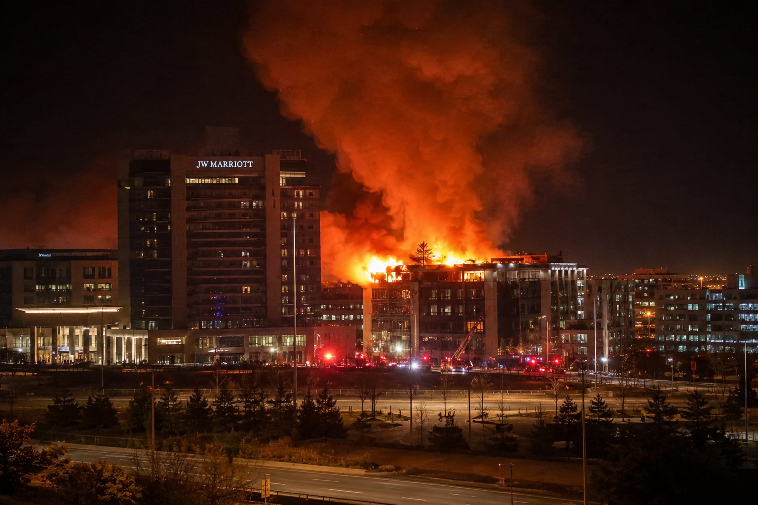 Trampın qalacağı hotelin yaxınlığında yanğın baş verib