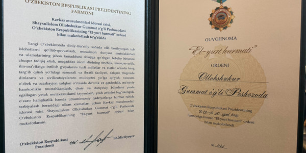 Bütün Qafqazın Şeyxi Özbəkistanın ali mükafatına layiq görüldü