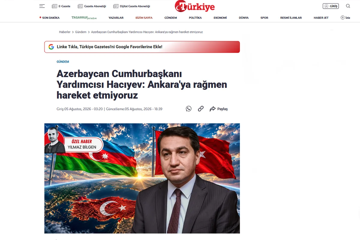 Hikmət Hacıyevin fikirləri "Türkiye Gazetesi"ndə təhrif olunmuş şəkildə təqdim edilib