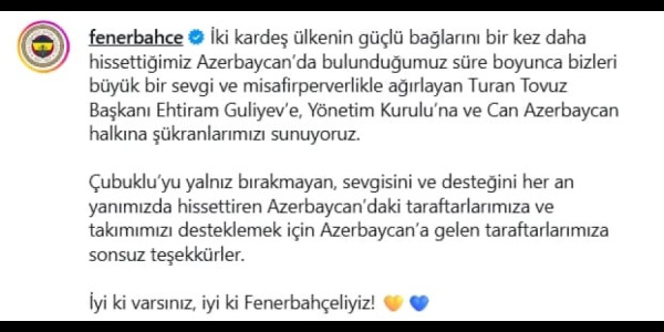 “Fənərbağça” Azərbaycana təşəkkür edib