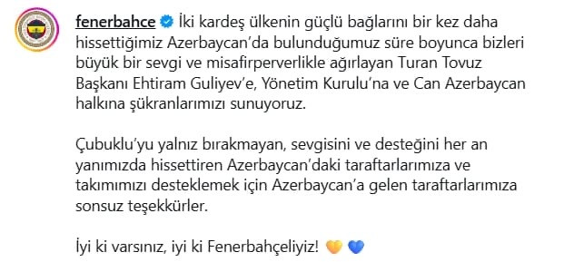 “Fənərbağça” Azərbaycana təşəkkür edib