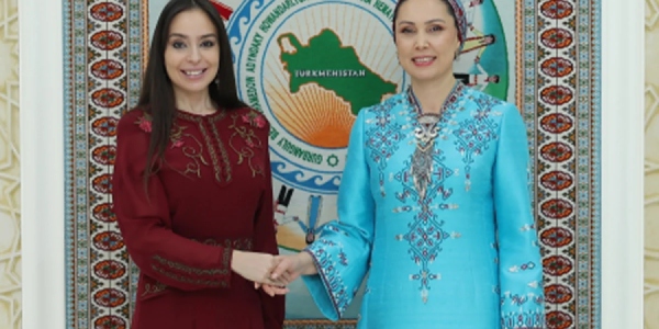 Leyla Əliyeva Arkadağ şəhərində Oğulcahan Atabayeva ilə görüşüb